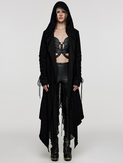 Punk Rave Black Gothic Decadent Layered Hooded Long Trench Coat for Women