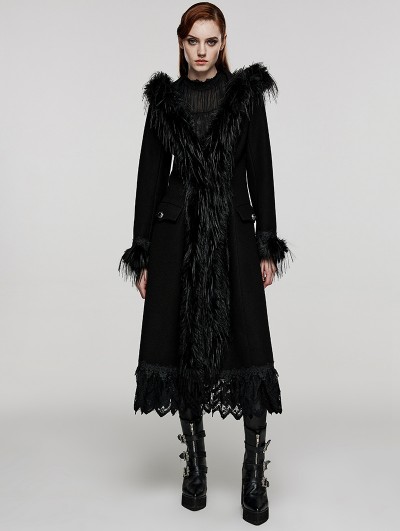 Punk Rave Black Gothic Gorgeous Fur Long Hooded Winter Coat for Women