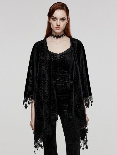 Punk Rave Black Gothic Embossed Velvet Tassel Shawl for Women