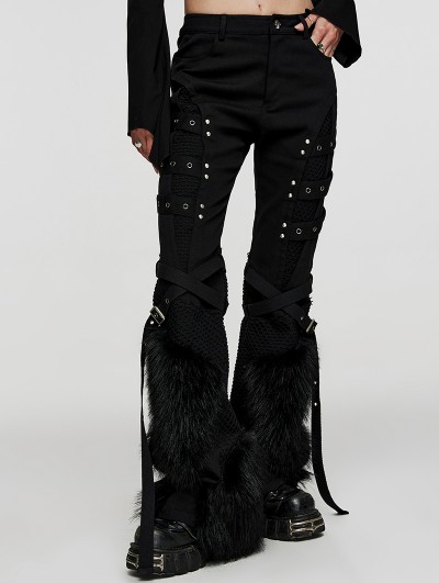 Women's Punk Rave Black Gothic Punk Fur Straight Fit Pants with Detachable Knee Loops