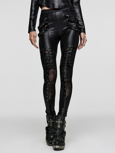 Punk Rave Black Gothic Punk Cross Eyelet Leggings for Women