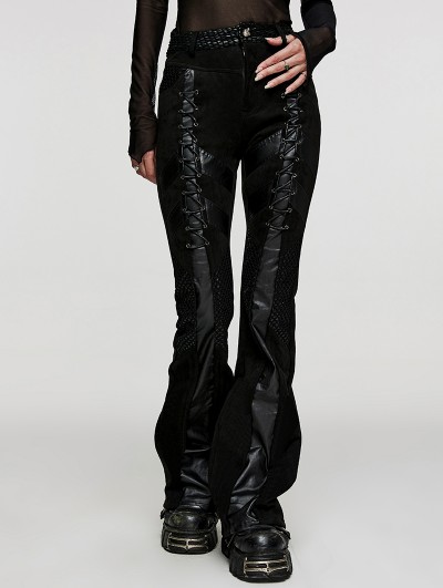 Punk Rave Black Gothic Punk Faux Leather Panel Flared Pants for Women