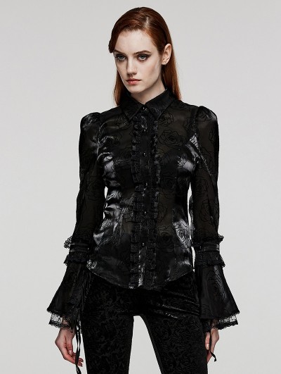 Punk Rave Black Gothic Rose Patterned Flared Sleeves Fitted Shirt for Women