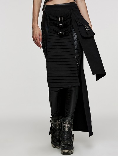 Punk Rave Black Gothic Punk Heavy Metal Utility 3D Pocket Denim Skirt