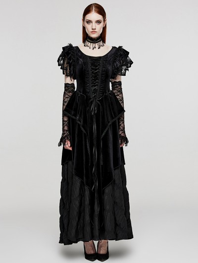 Punk Rave Black Gothic Velvet Pointed Dress with Detachable Lace Gloves