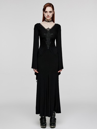 Punk Rave Black Gothic Elegant Sexy V-Neck Lace Applique Long Party Dress