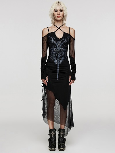 Punk Rave Black Gothic Skulls Print Knitted Mesh Irregular Slip Dress