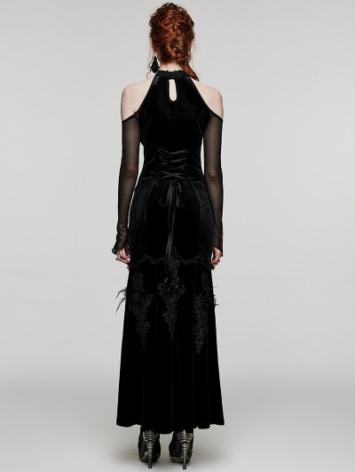 Punk Rave Black Gothic Elegant Velvet Sexy Halter Cold Shoulder Long Party  Dress - DarkinCloset.com
