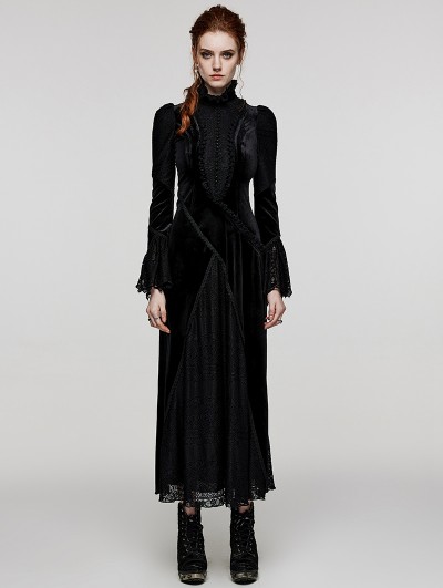 Punk Rave Black Vintage Gothic Ruffled Long Sleeve Velvet Dress