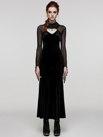 Punk Rave Black Gothic Elegant Beaded Collar Mesh Sleeve Long Party Dress