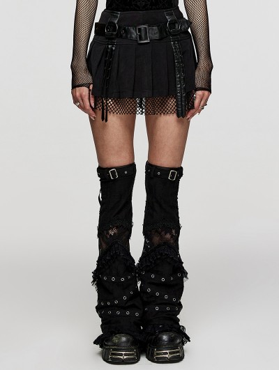 Punk Rave Black Gothic Mesh Spliced Faux Leather Belt Short Pleated Skirt