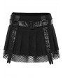 Punk Rave Black Gothic Mesh Spliced Faux Leather Belt Short Pleated Skirt
