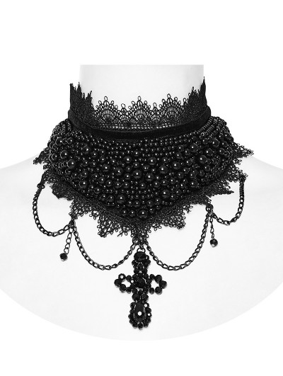 Punk Rave Black Gorgeous Gothic Beaded Cross Pendant Choker