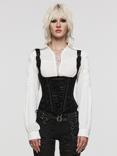 Punk Rave Black Rose-Patterned Gothic Underbust Corset with Straps 