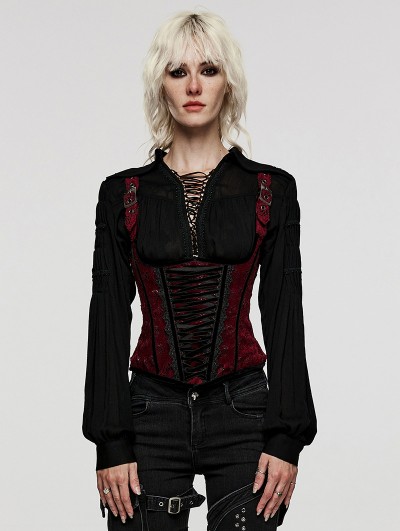 Punk Rave Black and Red Rose-Patterned Gothic Underbust Corset with Straps