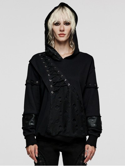 Punk Rave Black Gothic Daily Mesh Splice Pullover Hoodie for Women