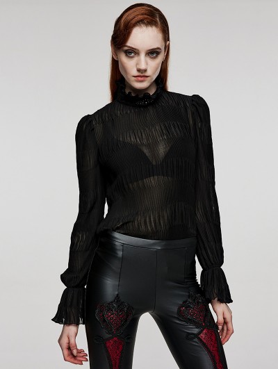 Punk Rave Black Gothic Textured Chiffon Ruffle Collar Shirt for Women