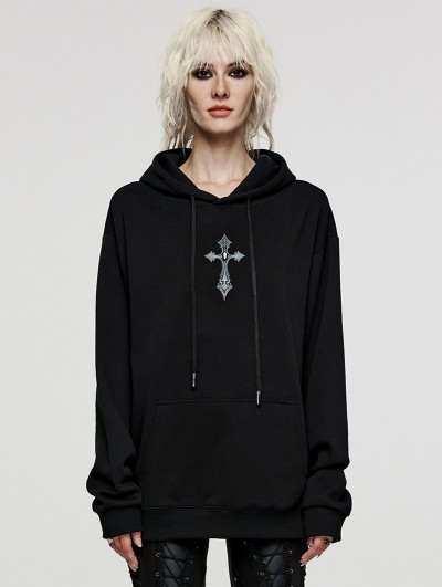 Punk Rave Black Simple Gothic Cross Print Pullover Hoodie for Women