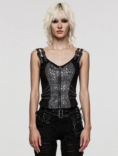 Punk Rave Black and Silver Gothic Steampunk Jacquard Corset Top for Women