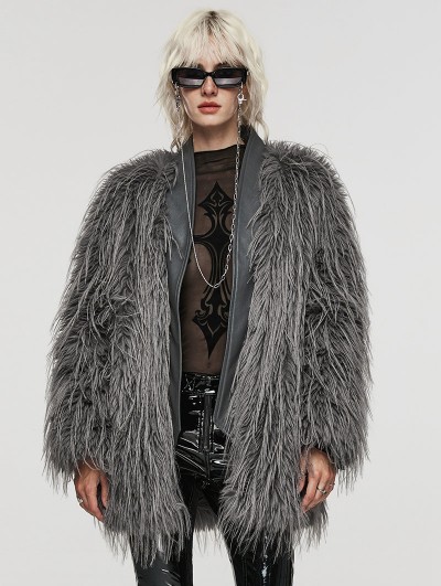 Punk Rave Grey Gothic Fashion Untrimmed Warm Faux Fur Coat for Women