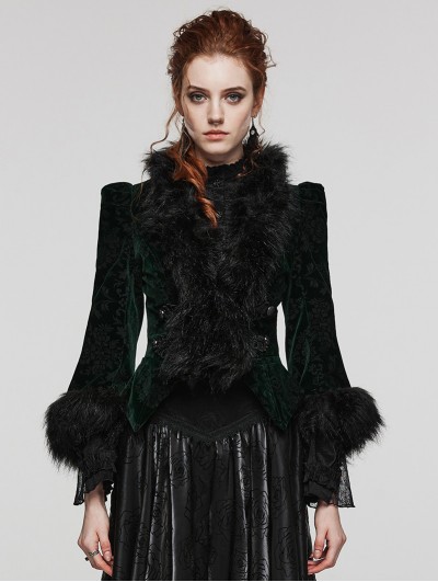 Punk Rave Black and Green Vintage Gothic Fur Trim Embossed Velvet Short Jacket for Women