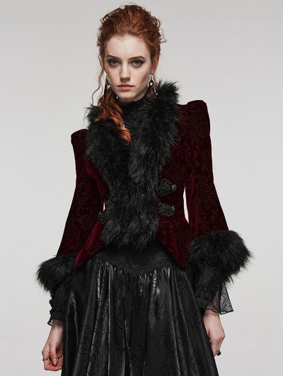 Punk Rave Black and Red Vintage Gothic Fur Trim Embossed Velvet Short Jacket for Women