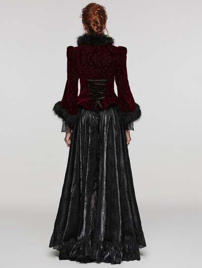 Punk Rave Black and Red Vintage Gothic Fur Trim Embossed Velvet