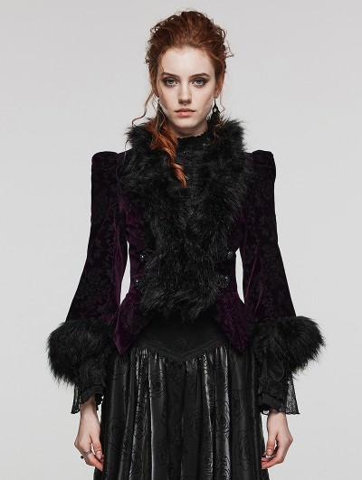 Punk Rave Black and Violet Vintage Gothic Fur Trim Embossed Velvet Short Jacket for Women