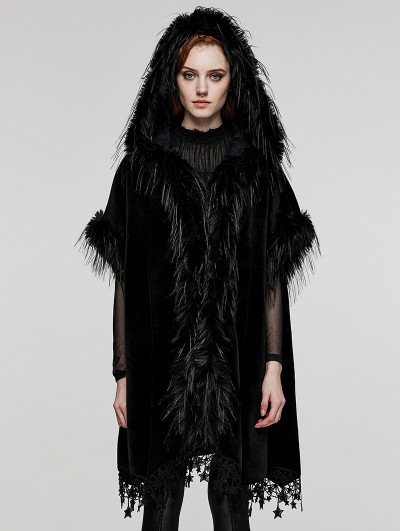 Punk Rave Black Gothic Loose Hooded Bat Sleeves Fur Cloak for Women