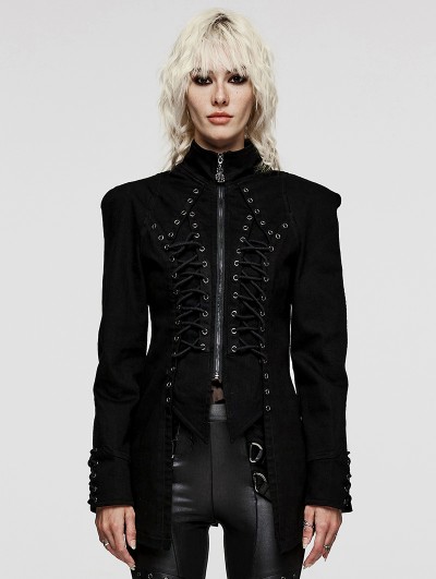 Punk Rave Black Gothic Punk Eyelet Slim Fit Denim Jacket for Women