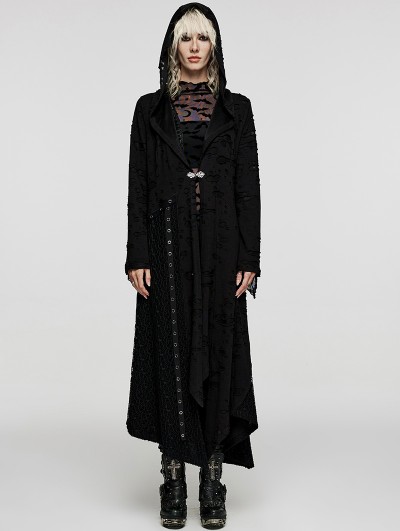 Punk Rave Black Gothic Decadent Asymmetric Hooded Long Jacket for Women