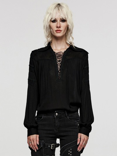 Punk Rave Black Vintage Gothic Textured Cotton Long Sleeve Loose Shirt for Women