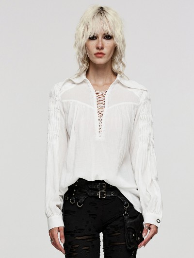 Punk Rave White Vintage Gothic Textured Cotton Long Sleeve Loose Shirt for Women