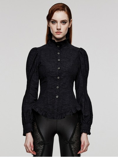 Punk Rave Black Gothic Ruffled Stand Collar Long Puffed Sleeves Shirt for Women