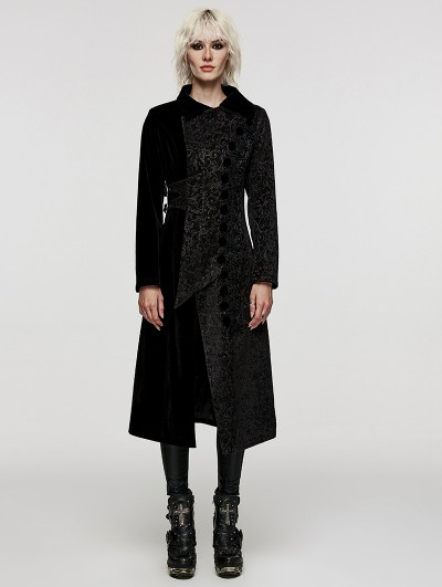 Punk Rave Black Gothic Jacquard Velvet Double Splicing Long Asymmetric Coat for Women