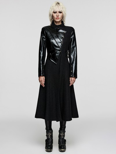 Punk Rave Black Gothic Irregular Leather Splicing Long Bat Coat for Women