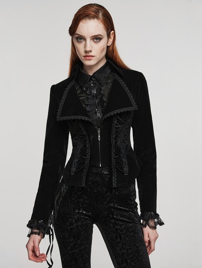 Punk Rave Black Vintage Gothic Velvet Lace Applique Lapel Collar Jacket for Women