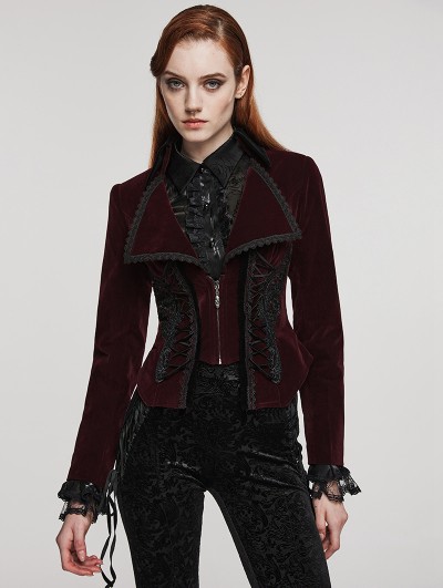 Punk Rave Black and Red Vintage Gothic Velvet Lace Applique Lapel Collar Jacket for Women