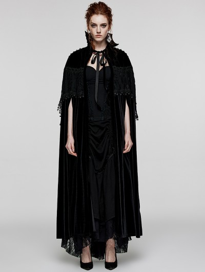 Punk Rave Black Gothic Bat Neck Velvet Long Cloak for Women