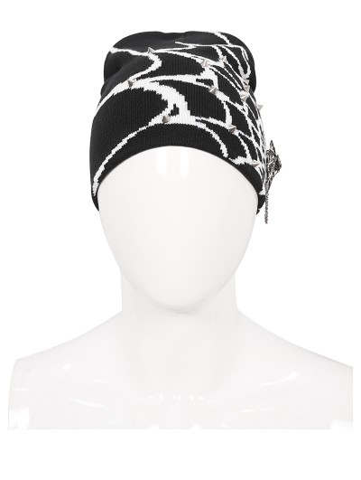 Devil Fashion Black and White Gothic Punk Rivet Spider Web Pattern Knit Hat for Men