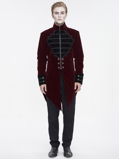 Devil Fashion Wine Red Vintage Gothic Embroidery Stand Collar Swallow Tail Coat for Men