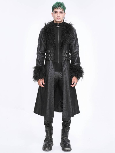 Devil Fashion Black Gothic Punk Fur Trim Long Coat for Men