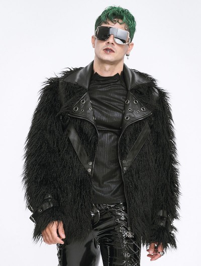 Devil Fashion Black Fashion Gothic Punk Eyelet Lapel Faux Fur Zip-Up Jacket for Men