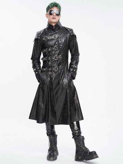 Devil Fashion Black Gothic Punk Leather Studded Multi-Buckle Belt Long Trench Coat for Men