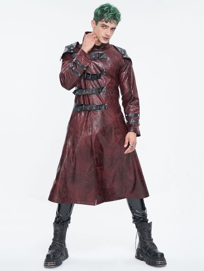 Devil Fashion Red Gothic Punk Leather Studded Multi-Buckle Belt Long Trench Coat for Men