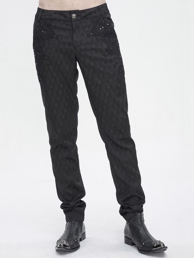 Devil Fashion Black Gothic Retro Lace Appliques Long Fit Pants for Men