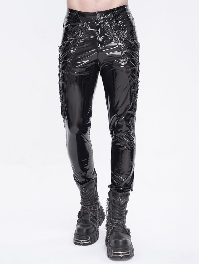 Devil Fashion Black Gothic Punk Faux Leather Skinny Pants for Men