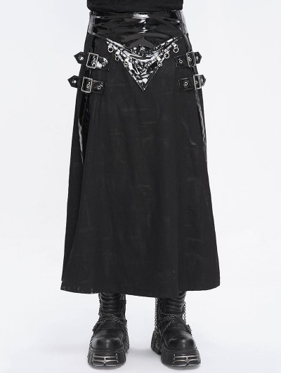 Devil Fashion Black Gothic Punk Buckle Slit A-Line Long Skirt for Men