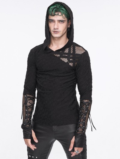 Devil Fashion Black Gothic Punk Mesh Splicing Casual Hooded T-Shirt for Men