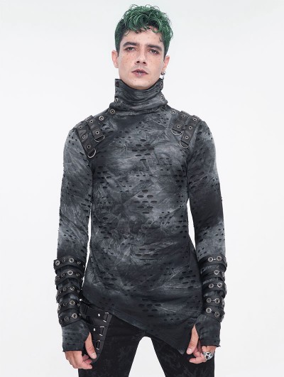 Devil Fashion Dark Gothic Punk Tie-Dye Irregular Turtleneck T-Shirt for Men